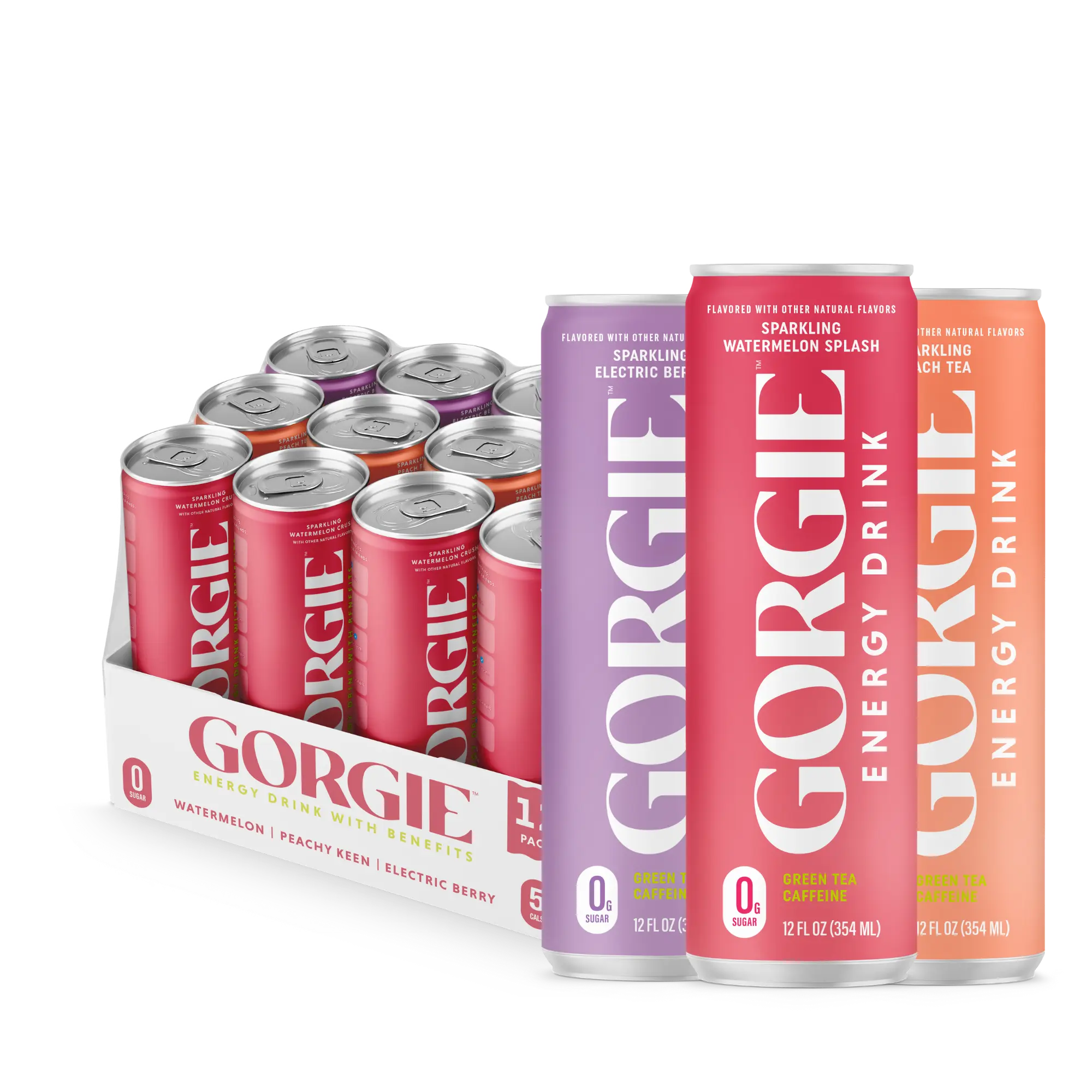 GORGIE Original Variety, Sugar-Free Natural Energy Drink Sparkling, Healthy Energy Drinks - Green Tea, Biotin, B Vitamins -150mg Caffeine, Vegan, & Low Calorie (Pack of 12)