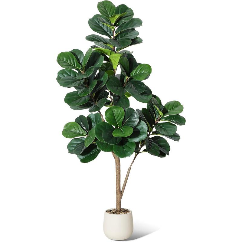 【Christmas Gift】5FT Fiddle Leaf Fig Tree Artificial with 77 Leaves Realistic Faux Ficus Lyrata Trees in 7.8 inch White Planter Pot Indoor Fake Floor Plants for Home Office Living Room Decor Housewarming Gift Decorative Fruit Wood Hand