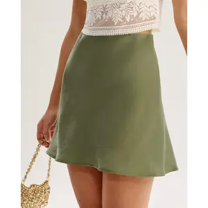 RIHOAS Women's Cute Solid Color Green Satin Polyester Waisted A-Line Cut Mini Skirt, Stylish Lady's Bottom,summervibes