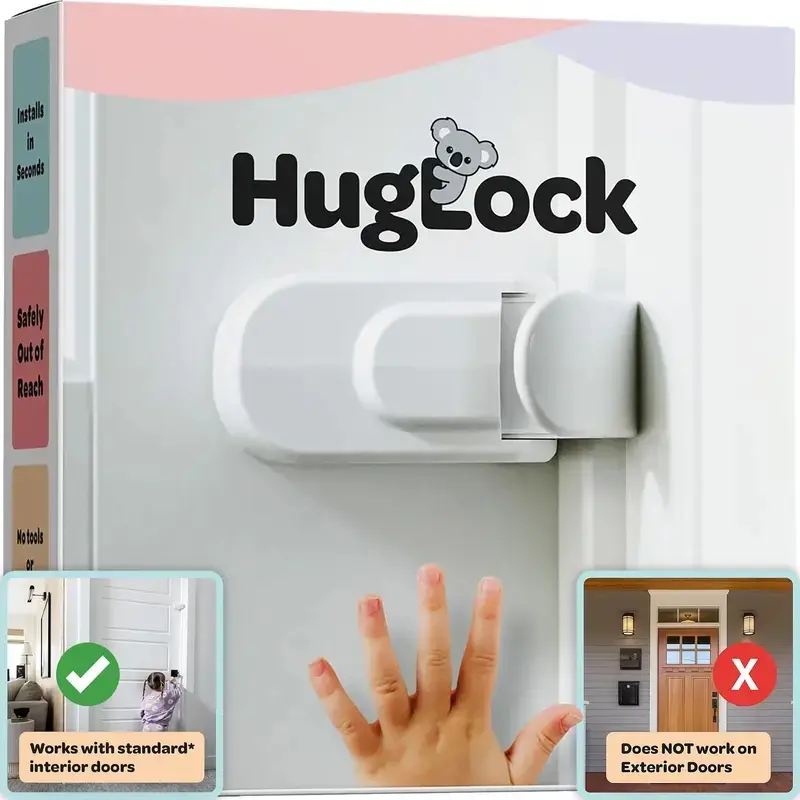 HugLock - For Interior Doors Only, DOES NOT work on exterior doors - The Snap-On Door Lock Kids Can't Reach or Defeat - No Tools or Adhesives Required - Works With Door Knob, Lever or Handle - authentics
