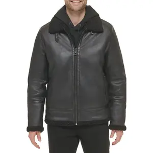 Men's Flight Aviator Leather Black Shearling Jacket