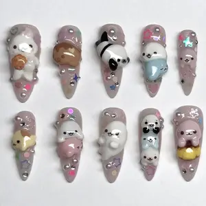 T138 Lynn Kawaii Animal Parade 3D Press-On Nails, Seals, Pandas & Puppies, Pastel Pink & Glitter Base, Cute Cartoon Character Vibes, Playful Handmade Art, Gift for Her