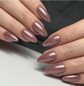 Custom Brown Chrome Press on Nails, Long Almond Mirror Metallic Nails, Luxury Nude Brown Press Ons, Hand Painted Trendy False Nails, Minimalist Chic Nail Set