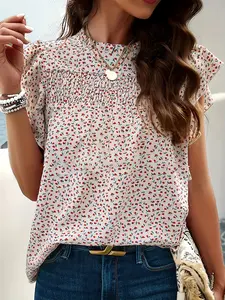 Women's Summer Ditsy Floral Stand Collar Ruffle Short Sleeve Shirt, Loose Pleated Chiffon Top, Casual Fashion Aesthetic Blouse for Women