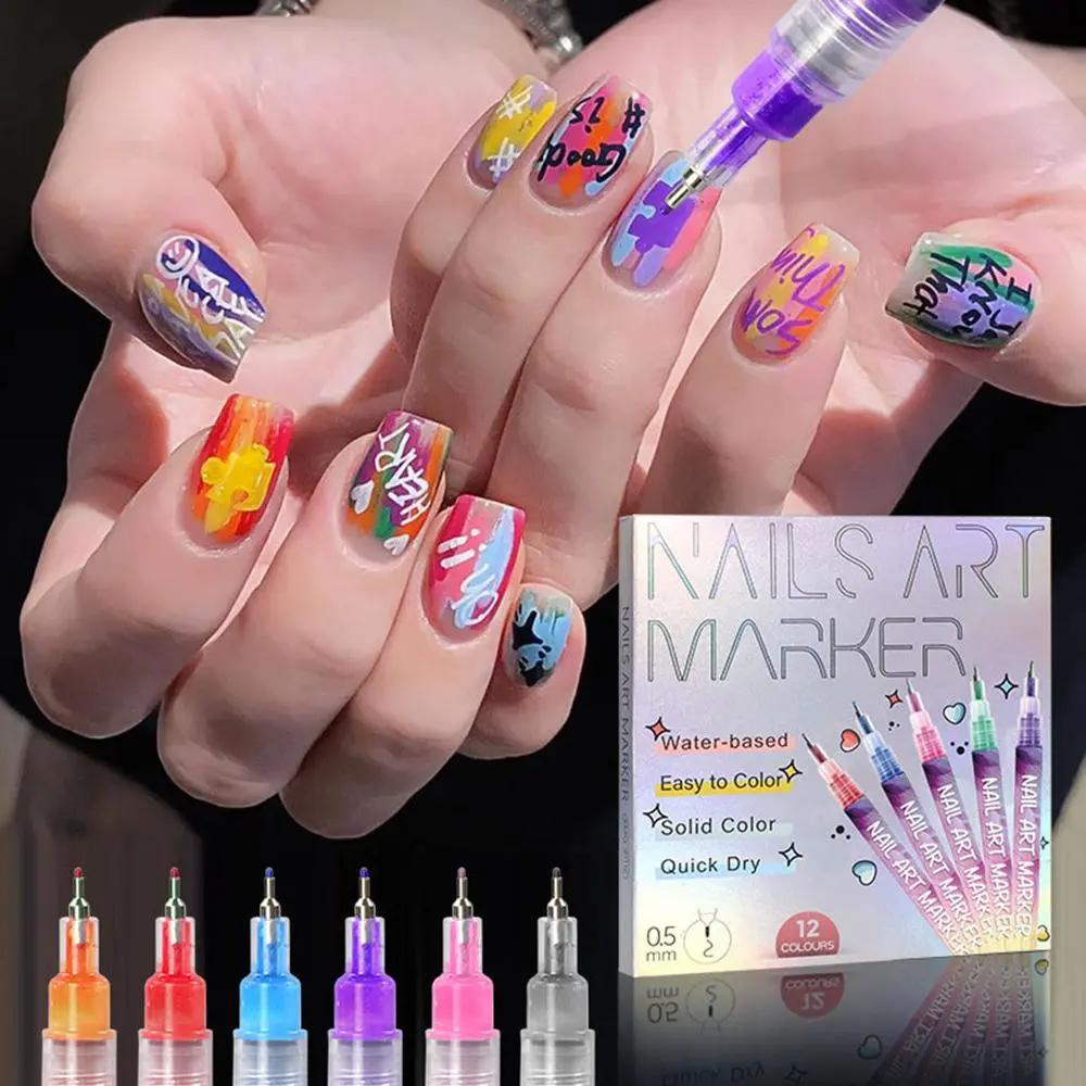 12-Color Nail Art Markers Set，0.5mm Extra Fine Tip Nail Pens for DIY Graffiti，Waterproof Quick-Dry Manicure Liner Pens for Drawing & Doodling  Professional Nail Design Tool Kit