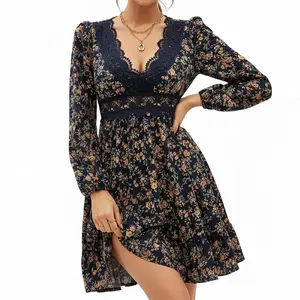 Deep V-Neck Scalloped Lace Trim Floral Print Tiered Mini Dress