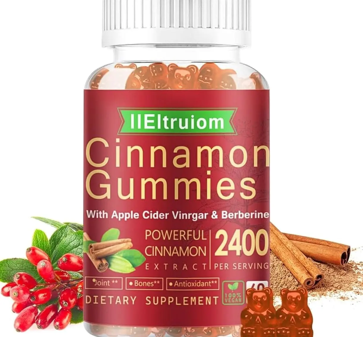 Ceylon Cinnamon Gummies 2400mg | Berberine, Turmeric, Apple Cider Vinegar, Bitter Melon & Chromium | Vegan, Non-GMO | 60 Count