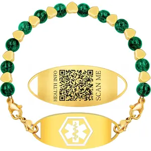 Stainless Steel Medical Alert Bracelet for Women 18K Gold Plated Tarnish Resistant | Laser Engraved or Dynamic QR Code ID Bracelet | Green Pink Purple Crack Bead Heart Adjustable Jewelry