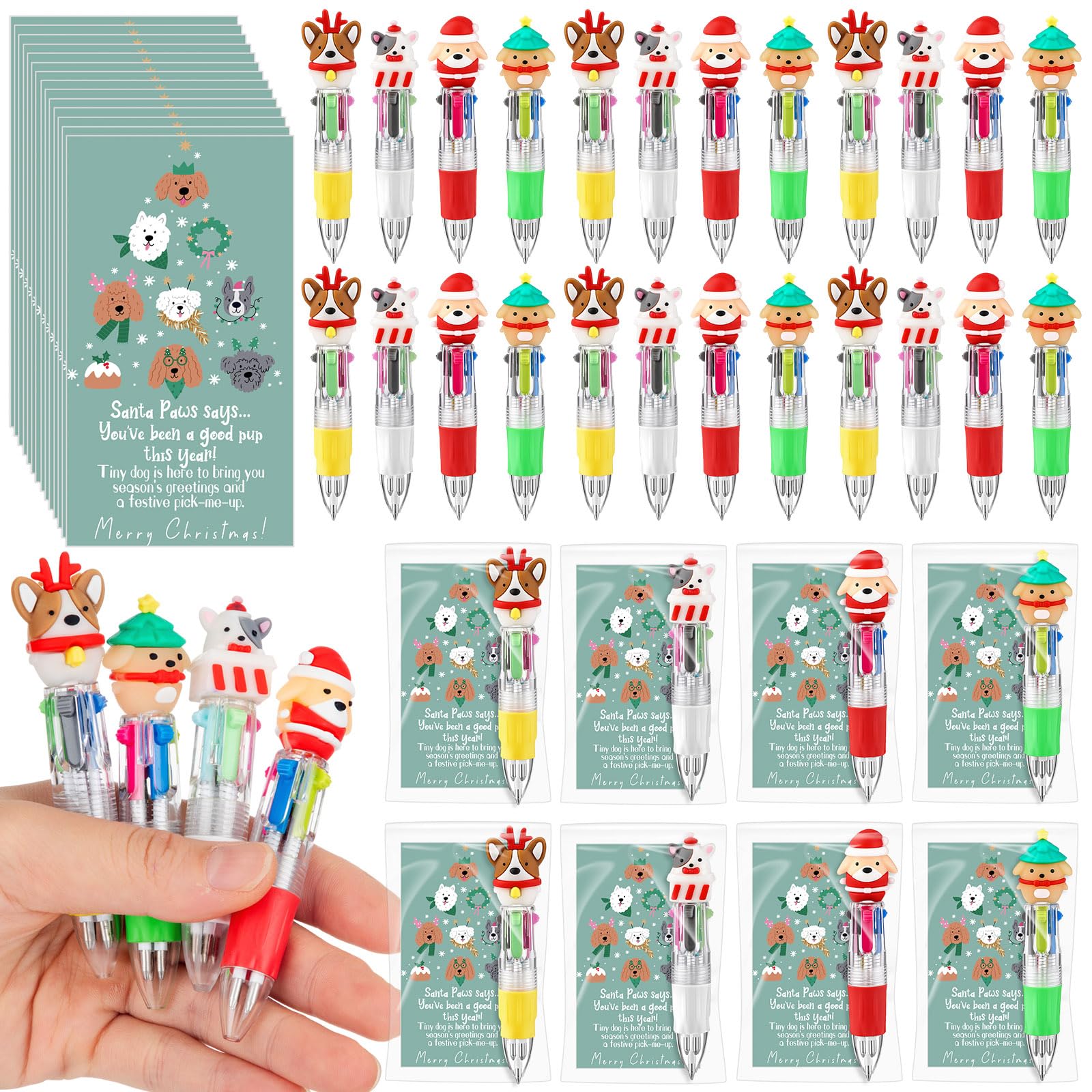 100PCS Christmas Multicolor Animal Ballpoint Pens Bulk - 4-in-1 Retractable Compact Multiple-Function Holiday Writing Pens with Gift Cards for School Classroom Rewards, Party Favors, Stocking Stuffers