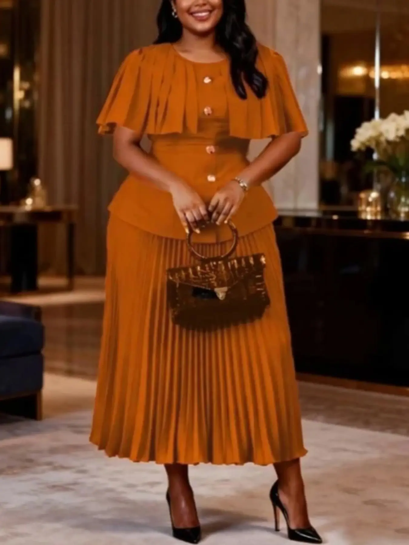 Women Elegant Two Piece Set O Neck Buttons Cape Style Tops High Waist Pleated Skirt Classy Church Office Party Business Events Occasions