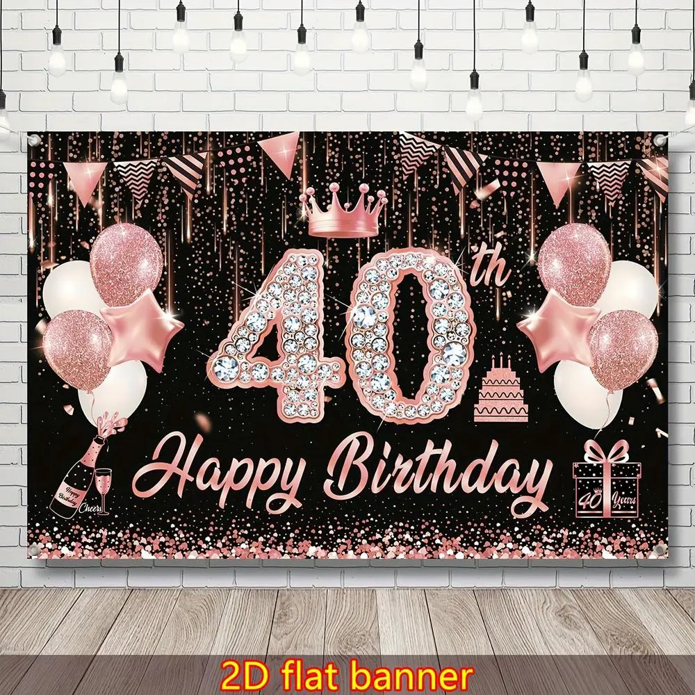 Women's 40th Birthday Golden Rose Shimmer Flat Banner - 2D Polyester Easy Setup Wall Decor for Birthday Celebrations, Party Supplies Hanging Decoration