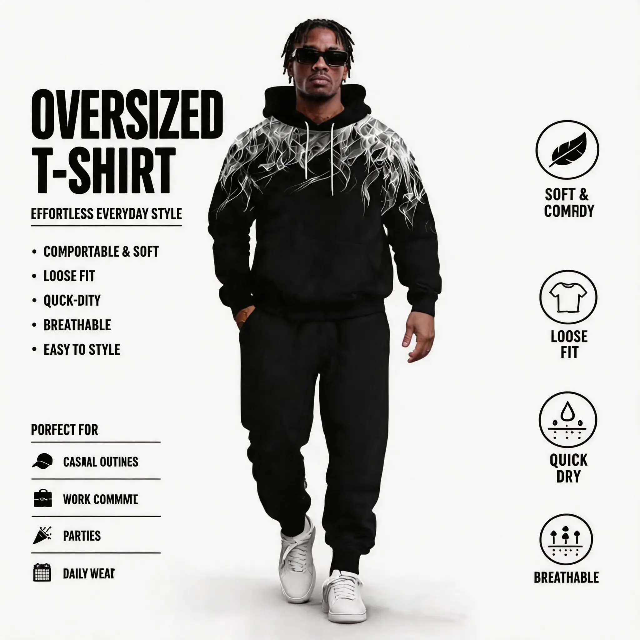 Men Black Flame Print 2 Piece Tracksuit Oversized Hoodie Jogger Pants Dark Hip Hop Streetwear Outfit
