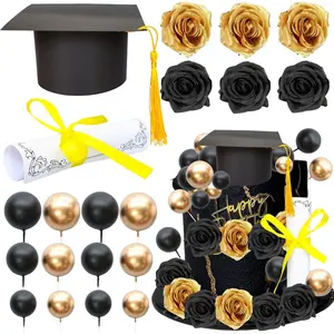 Gyufise 40Pcs 2026 Graduation Cake Topper Decoration Diploma Done Diploma Grad Cap Cake Pick Balloon Flower Prom 2026 Cake Decorations for Class of 2026 Congrats Grad Party Supplies Black Gold