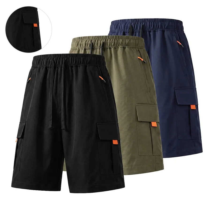 Men’s elastic-waist cargo shorts with multiple pockets, practical casual design, drawstring, and a loose fit.