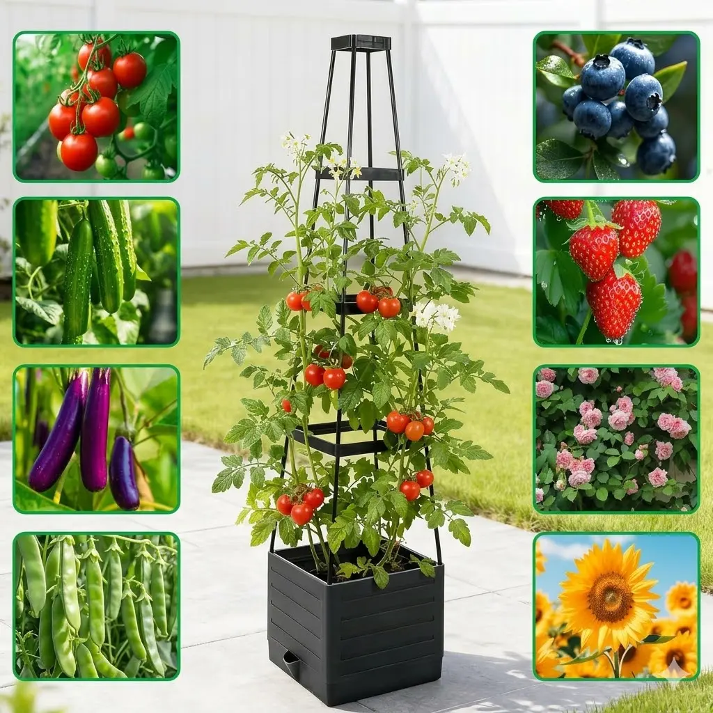 57 in Weatherproof Self-Watering Garden Planter with Trellis - Vertical Raised Garden Bed for Climbing Plants, Indoor/Outdoor Patio, Balcony Use