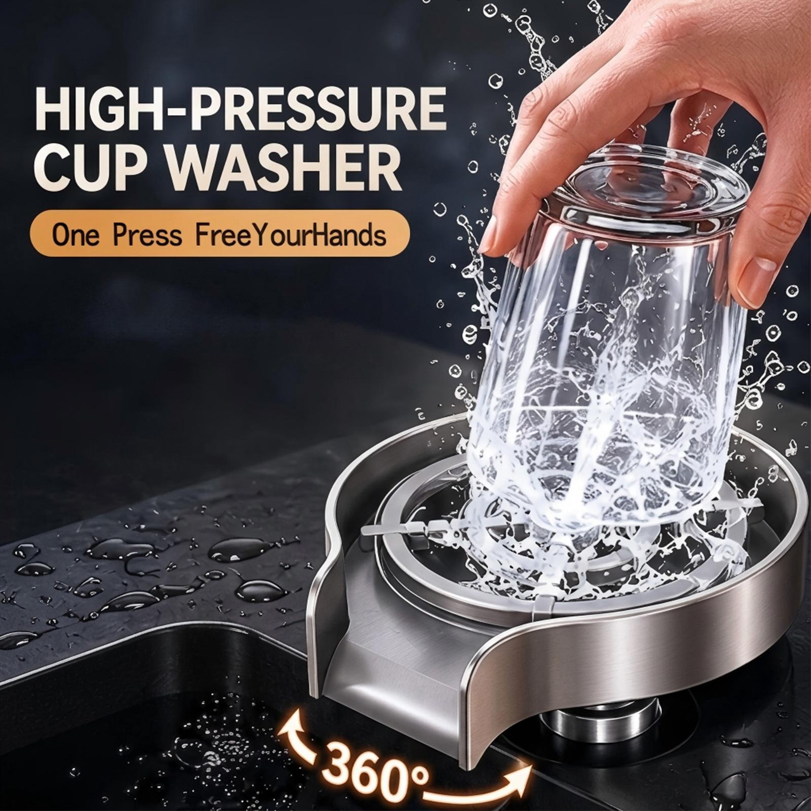 Stainless Steel High-Pressure Automatic Rinse Cup Washer - Fast Cleaning Kitchen Sink Tool for Cups, Bottles