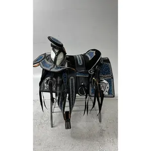 Charro Saddle – Black Leather with Blue Embroidery (15.5”) “Azul Imperial”