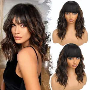 Black Mixed Brown Wig with Bangs Short Bob Wavy Wigs Synthetic Curly Wig for Women Natural Looking Heat Resistant Fiber Hair for Daily Party Use