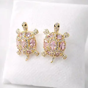 14K Gold Plated Turtle Earrings with Pink Zirconia – Medium Size Elegant & Sparkling Jewelry