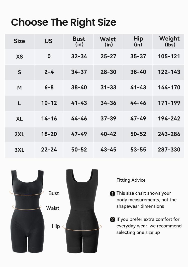 XS to 3XL bodysuit size guide and measuring advice