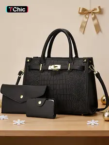 Women's Fashionable Crocodile Embossed Handbag, Large-Capacity Shoulder Crossbody Bag, Stylish Handbag Wallet Set for Everyday Use