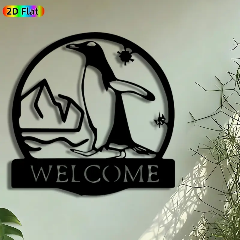 1pc Penguin Welcome Metal Wall Art, Antarctic Penguin Statue Mural, Artistic Metalwork, Intricate Craftsmanship, Perfect for Housewarming, Christmas Decor, Perfect for Porch Wall Living Room Garden Fence Decor, Ideal Gift for Wildlife Enthusiasts.
