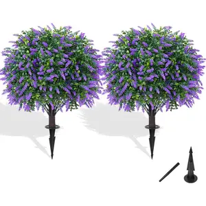Artificial Boxwood Topiary Ball with Lavender, Set of 2 Artificial Shrub Bushes with Ground Spike, UV Resistant Fake Plant Tree for Porch Planters Indoor Valentine's Day