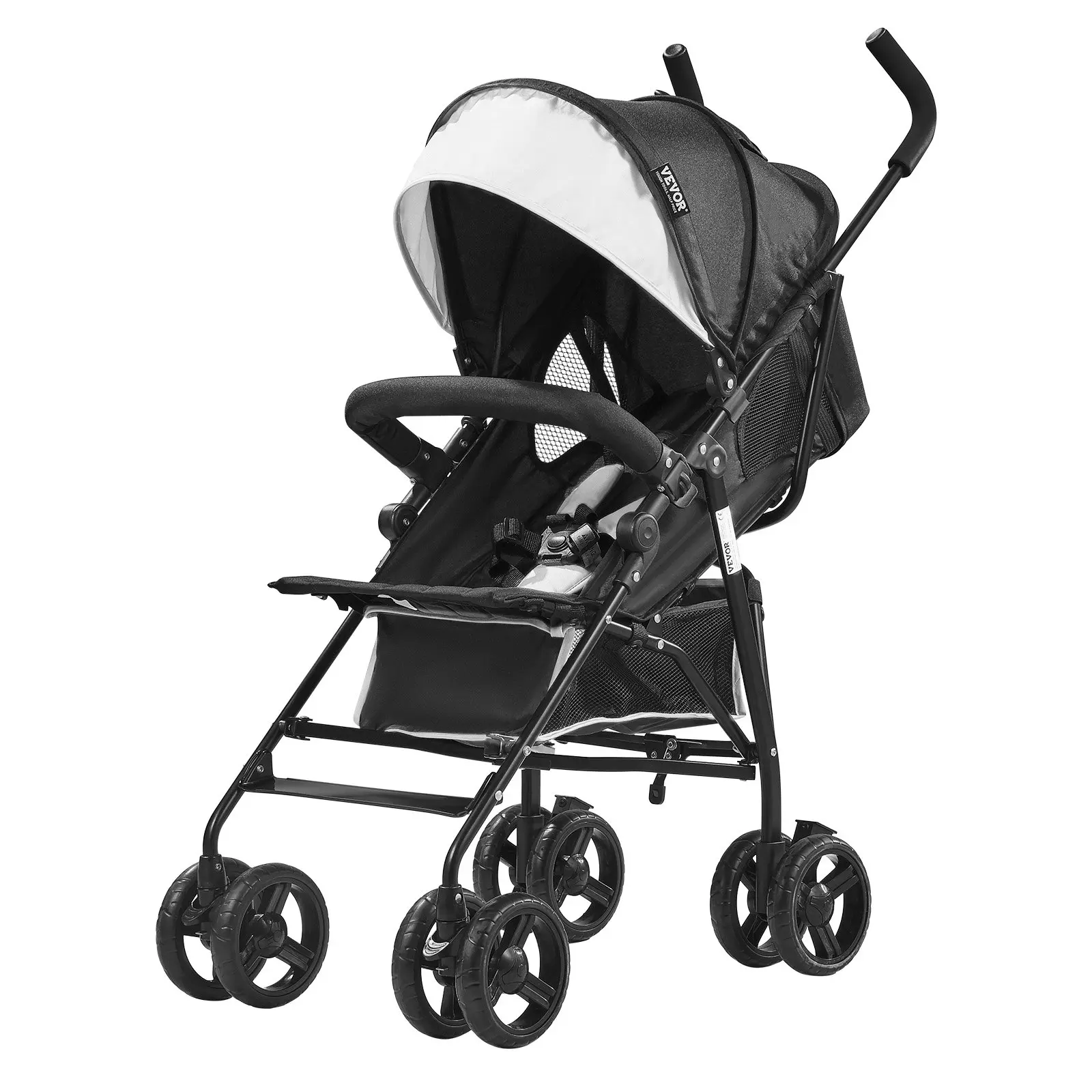VEVOR Lightweight Stroller, Compact Easy Fold MultiPosition Recline Canopy Backrest, Carbon Steel Frame, Large Storage Basket, Umbrella Toddler Baby Stroller for Travel and More, Black/White