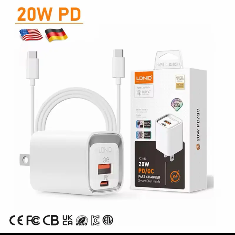 LDNIO 20W PD/AC Fast Charger Type C to C with USB C & USB A Dual Port for Smartphones and Tablets