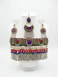 Luxury Afghan Tribal Statement Jewelry Set – Colorful Boho Choker Necklace with Earrings, Vintage Ethnic Kuchi Festival Jewelry, Bold Gypsy Coin Tassel Set for Women.