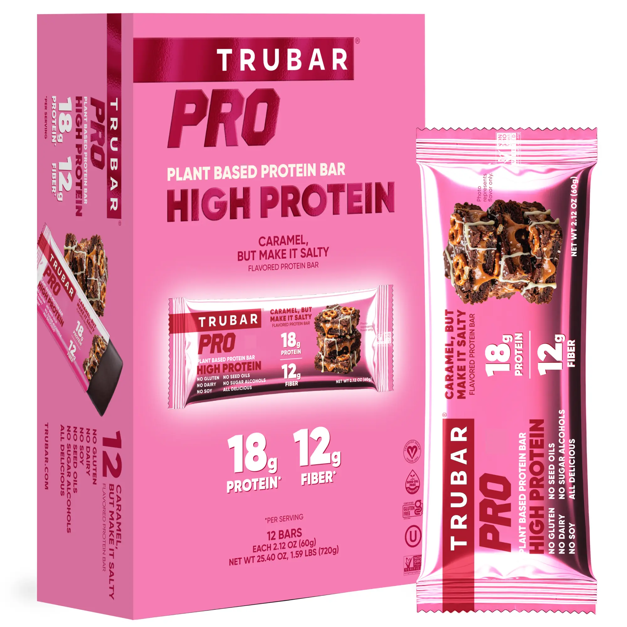 TRUBAR PRO Vegan Protein Bar,  Caramel But Make It Salty, Gluten Free, Plant Based Protein, Dairy Free, Non GMO, Soy Free, No Sugar Alcohols, 12 count Snack