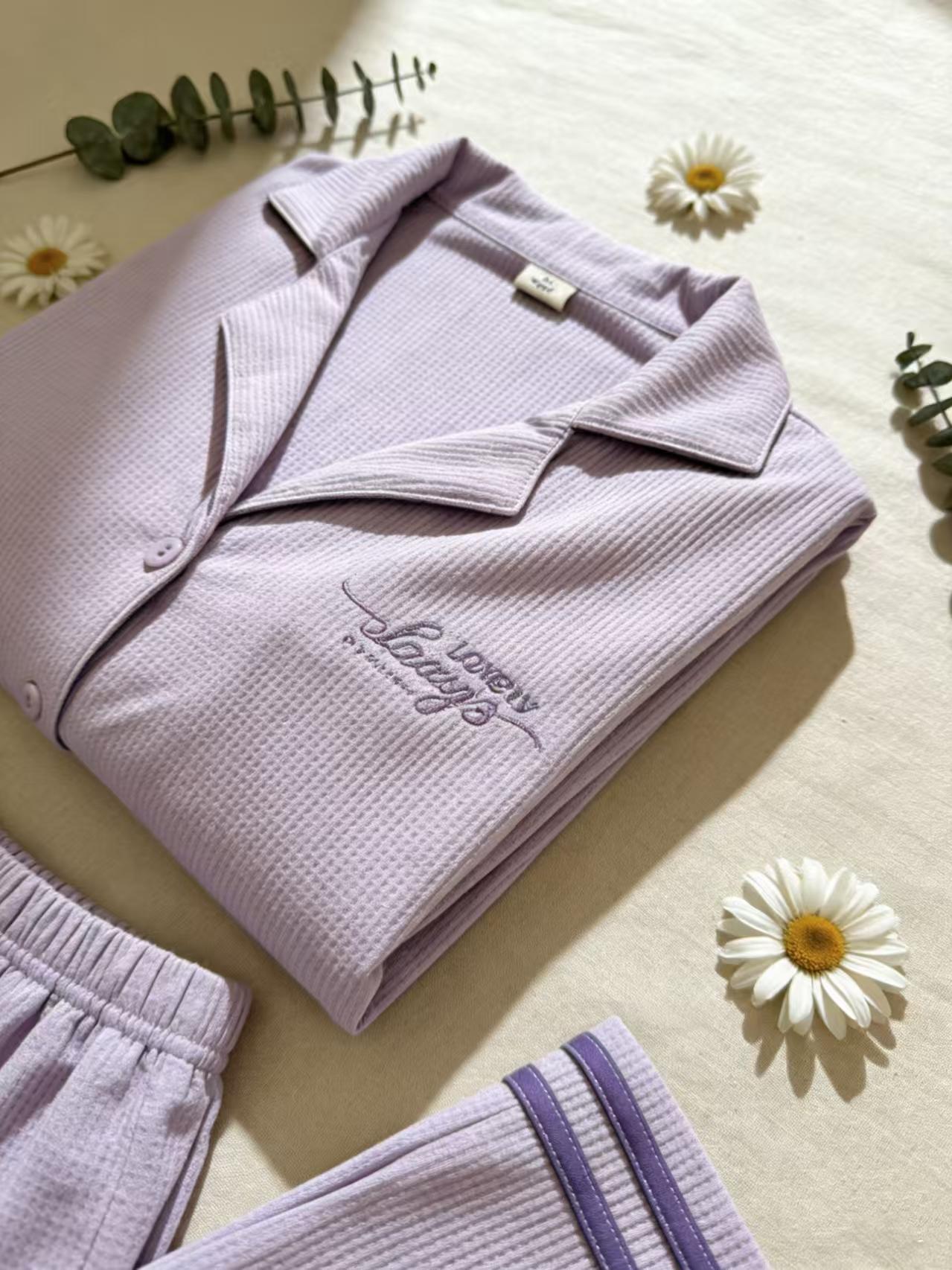 Cute Lavender Waffle Knit Pajama Set for Women  Long Sleeve Button Down Loungewear Sleep Set