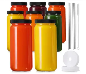 8 Pack Glass Juicing Bottles with 2 Straws & 2 Lids - 16 OZ Travel Drinking Jars for Juice, Smoothie, Tea, Kombucha - Drinkware, Water Bottles Plastic Stylish Set Airtight Sturdy Cup Tumbler Mug