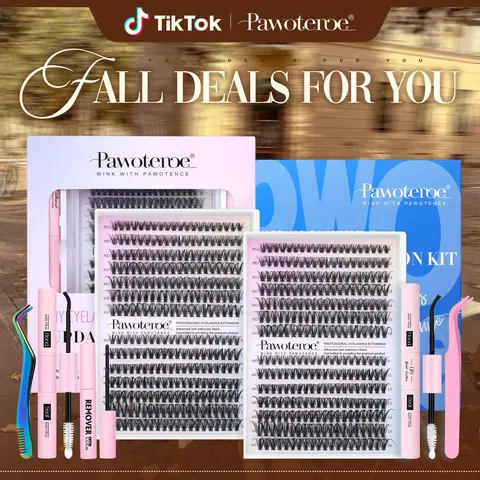 Pawotence Upgrade DIY Lashes Cluster Kit, 280pcs 30D-40D D Curl Wispy 9-16mm Individual False Eyelashes (Soft Real-Lash-Mimicking Texture), Bond & Seal, Remover, Tweezers for Self-Use (Invisibility & Thickness)