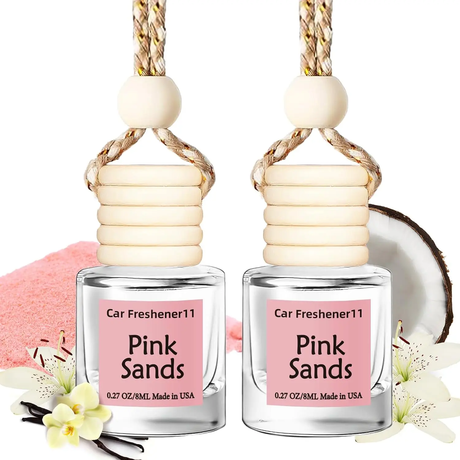 Hanging Car Air Freshener, Long Lasting Diffuser, Non-Toxic Pink Sands Scent, Cute Car Fresheners for Women, 2 Pack Made in USA
