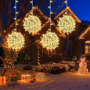 Outdoor Christmas Balls Lights 4 Pack Hanging 7.9" LED Garden Sphere Tree Lights 8 Modes  Glow Globe Lights with Memory Timer Plug for Party Yard Porch Eave Patio Xmas Decorations-Warm White