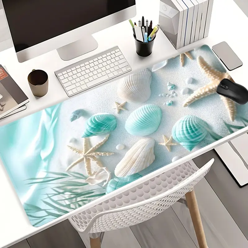 Turquoise Seashells Mouse Pads Extra Large Computer Desk Top Mat, Non - Slip Rubber Base & Stitched Edge, Ocean - Themed Design Aesthetic Desk Accessories Desk Decor for Home and Office, Universal Mouse Pad