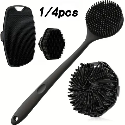 1/4 Piece Silicone Back Scrub Brush & Bath Glove Set, Super Exfoliating Body Scrub and Rich-Foam Shower Brush Combination, Exfoliating Shower Scrubber, Exfoliating Bath Tool, Bathing Accessory