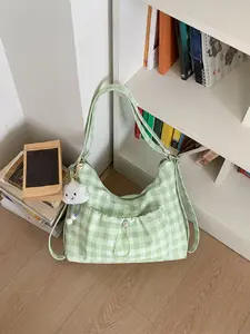 High-Quality Large Capacity Plaid Design Tote Bag, Foldable Drawstring Design, Shoulder & Crossbody Style, Stylish and Functional