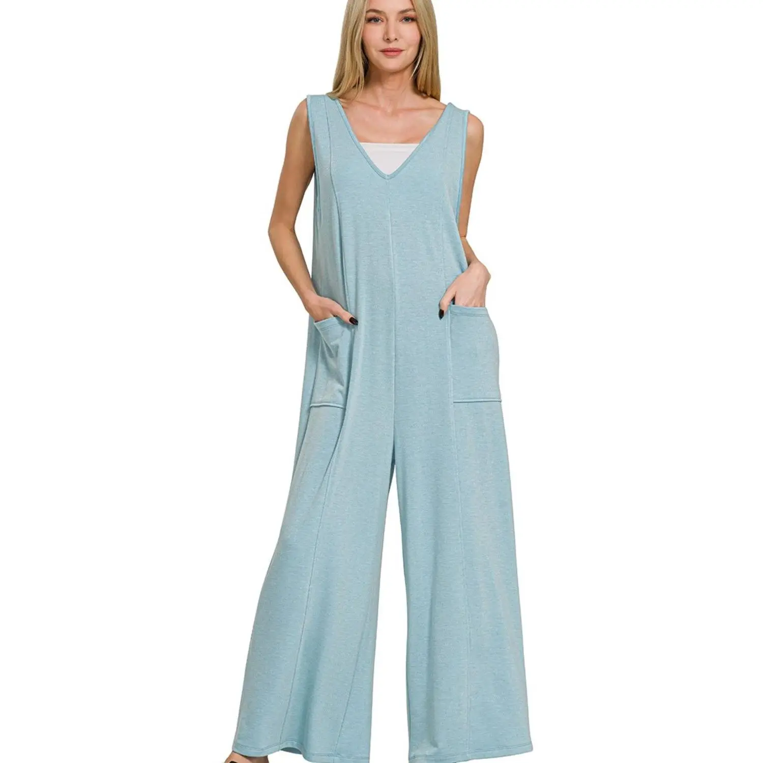 Zenana French Terry Deep V Neck Jumpsuits