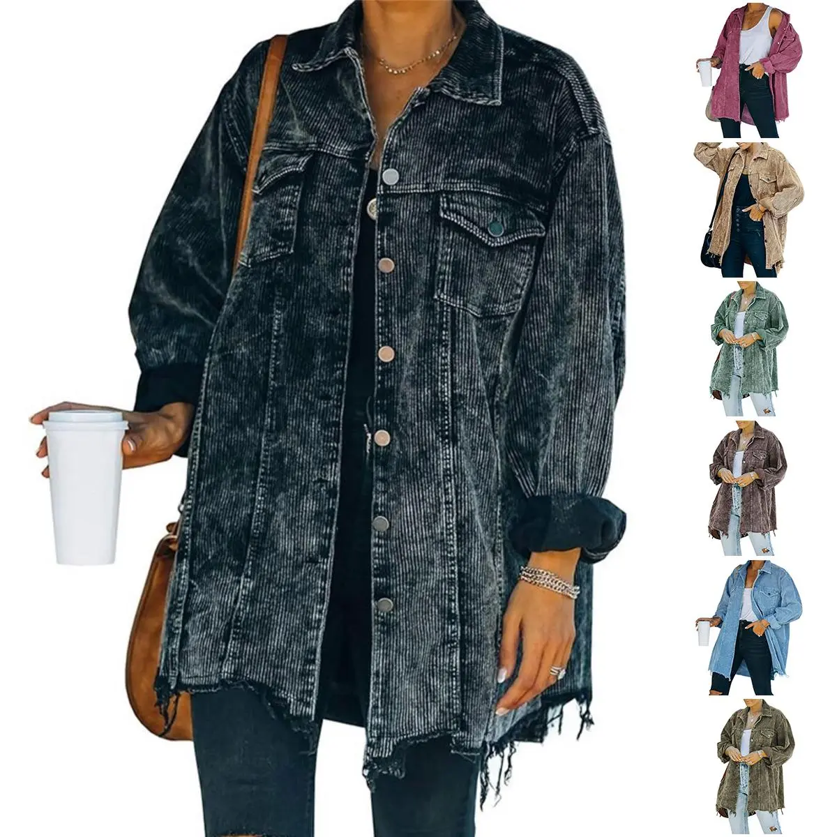 Hixiaohe Women's Casual Fashionable Corduroy Shacket - Oversized, Loose, Button-Down, Washed Retro, Longsleeves, Distressed Outerwear Top