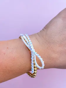 Handmade Crystal Bow Bracelet  | 14k Gold Plated Beaded Stretch Bracelet Iridescent Moonstone 7 inches