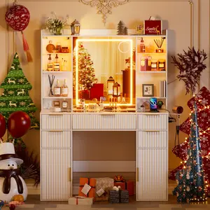 PAKASEPT   with Mirror and Lights, Fluted Makeup   with Lights 3 Colors, Glass Top  with 16 RGB Colors Cabinet, 2 Shelves & 5 Drawers & Power Outlet for Bedroom, White  with mirror dresser mirror jewelry cabinet vanity life