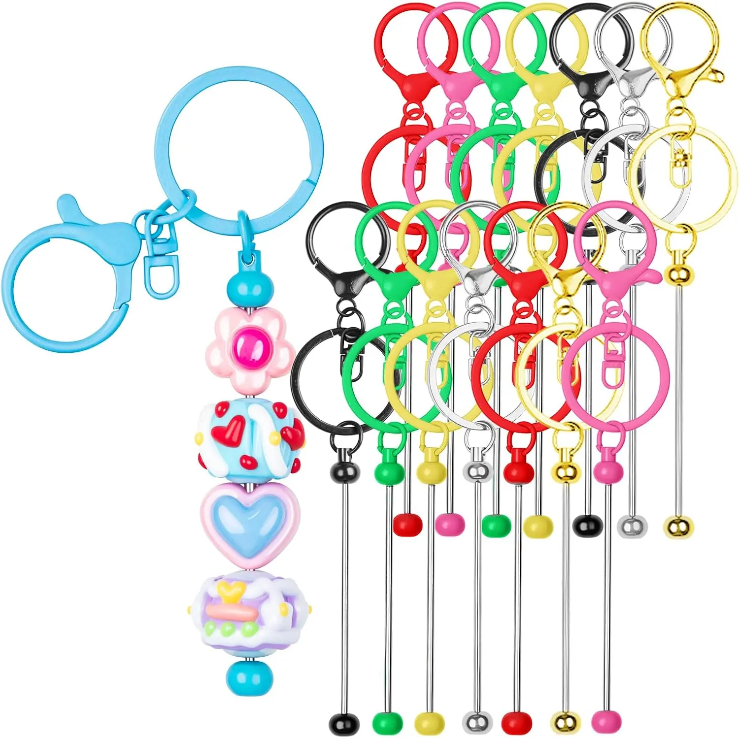 Unisex Bulk Beadable Keychains Kit - 15Pcs Multicolor DIY Crafts Supplies for Customized Gifts, Bag Charms