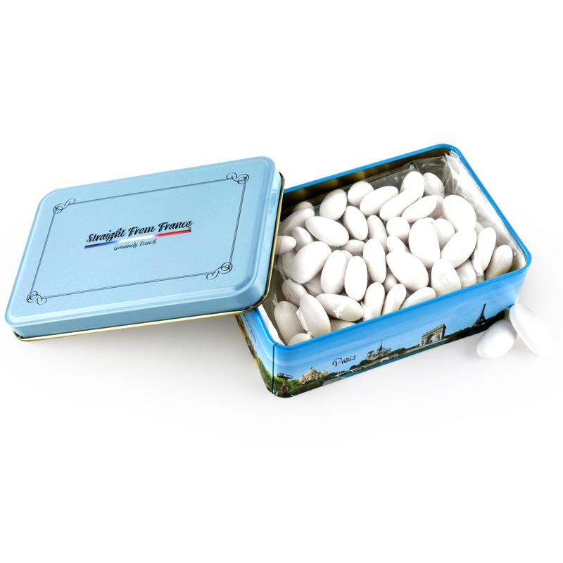 Straight from France Premium Candied Almonds (French Jordan Almonds) in Paris Themed Gift Tin, 90 Pieces, White