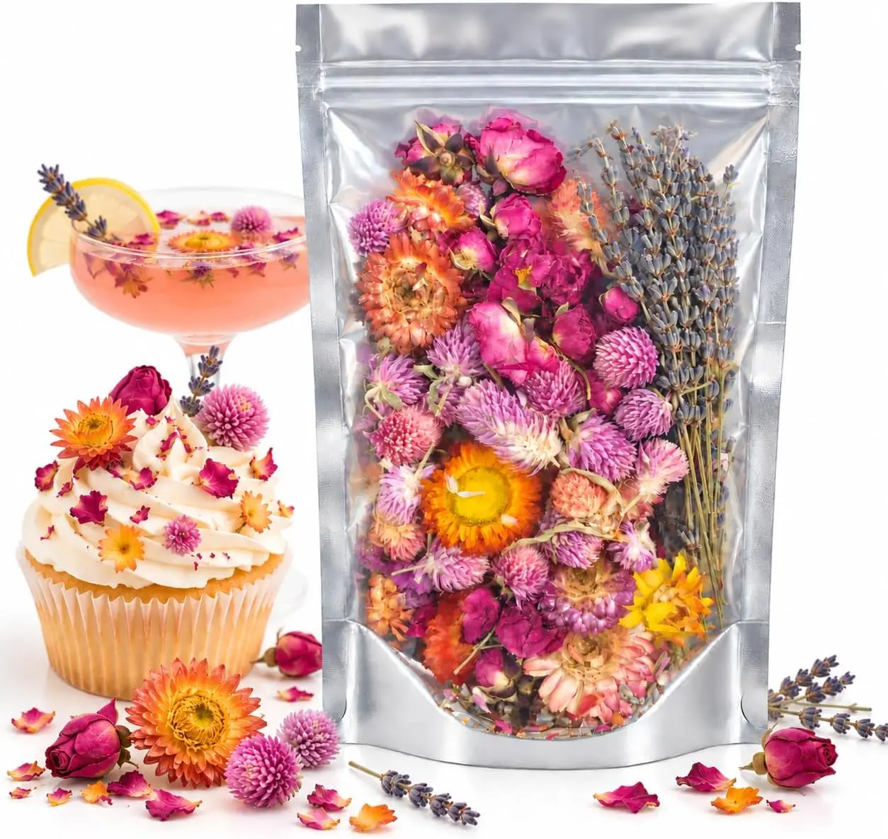 Edible Dried Flowers Cake Toppers - 120+ Pieces, 6 Varieties for Cake Decorating, Cocktails