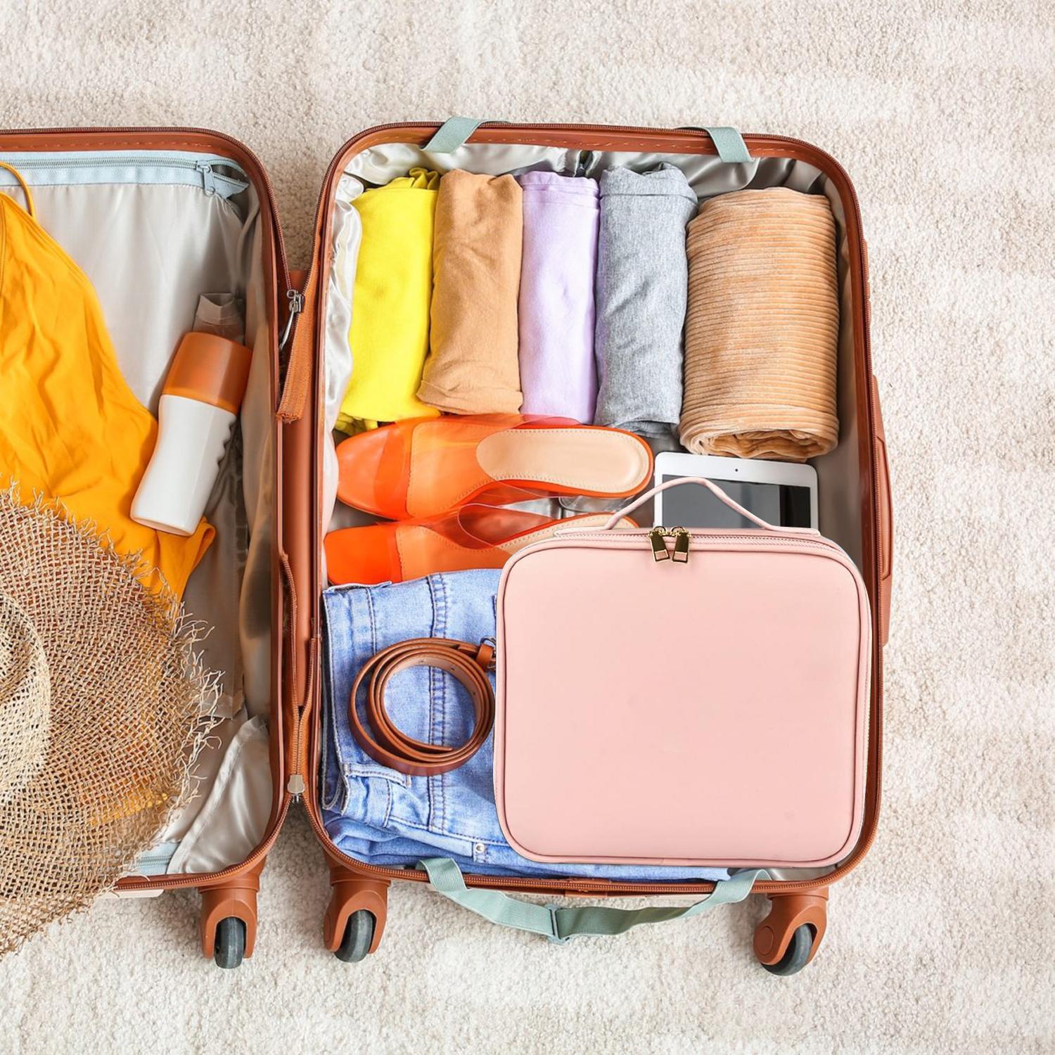 Travel Makeup Bag with Mirror & Light | Portable Cosmetic Organizer with Adjustable Dividers and Brush Storage