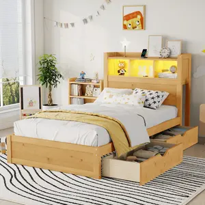 Twin Bed Frame with Storage and LED Lights, Wood Twin Platform Bed with Storage Drawers, Charging Station & Pull-Out Cabinet, Twin Size Bed Frames with Storage Underneath, Natural