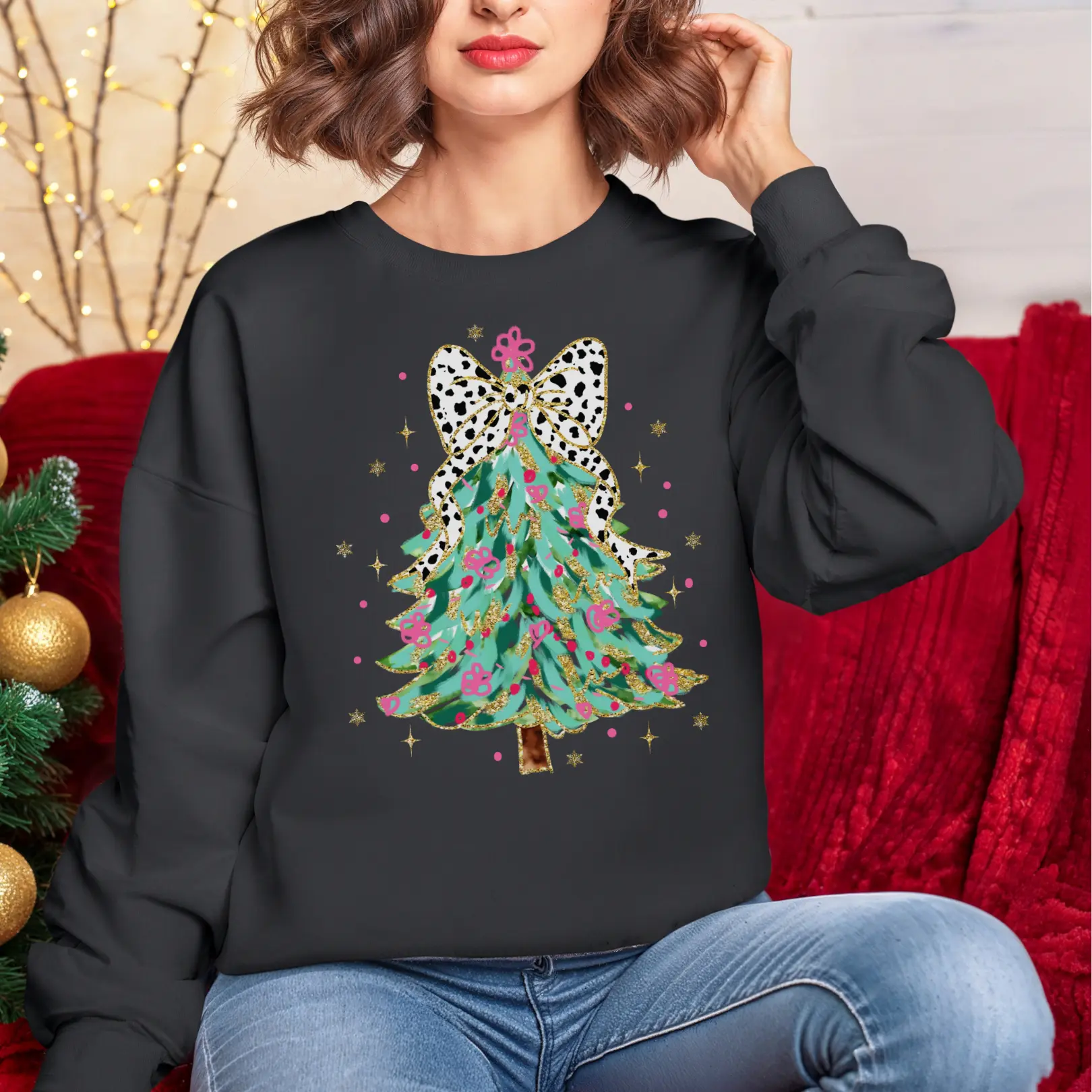 Coquette Leopard Christmas Tree Sweatshirt, Holiday Winter Jumper, Festive Xmas Pullover, Animal Print Top, Cozy Sweater