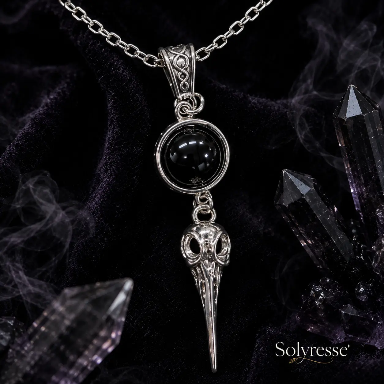 Gothic Raven Skull Necklace with Black Onyx Stone, Vintage Silver Bird Skull Pendant, Dark Fantasy Alternative Jewelry for Women and Men Pendant Necklace Fashion Necklace
